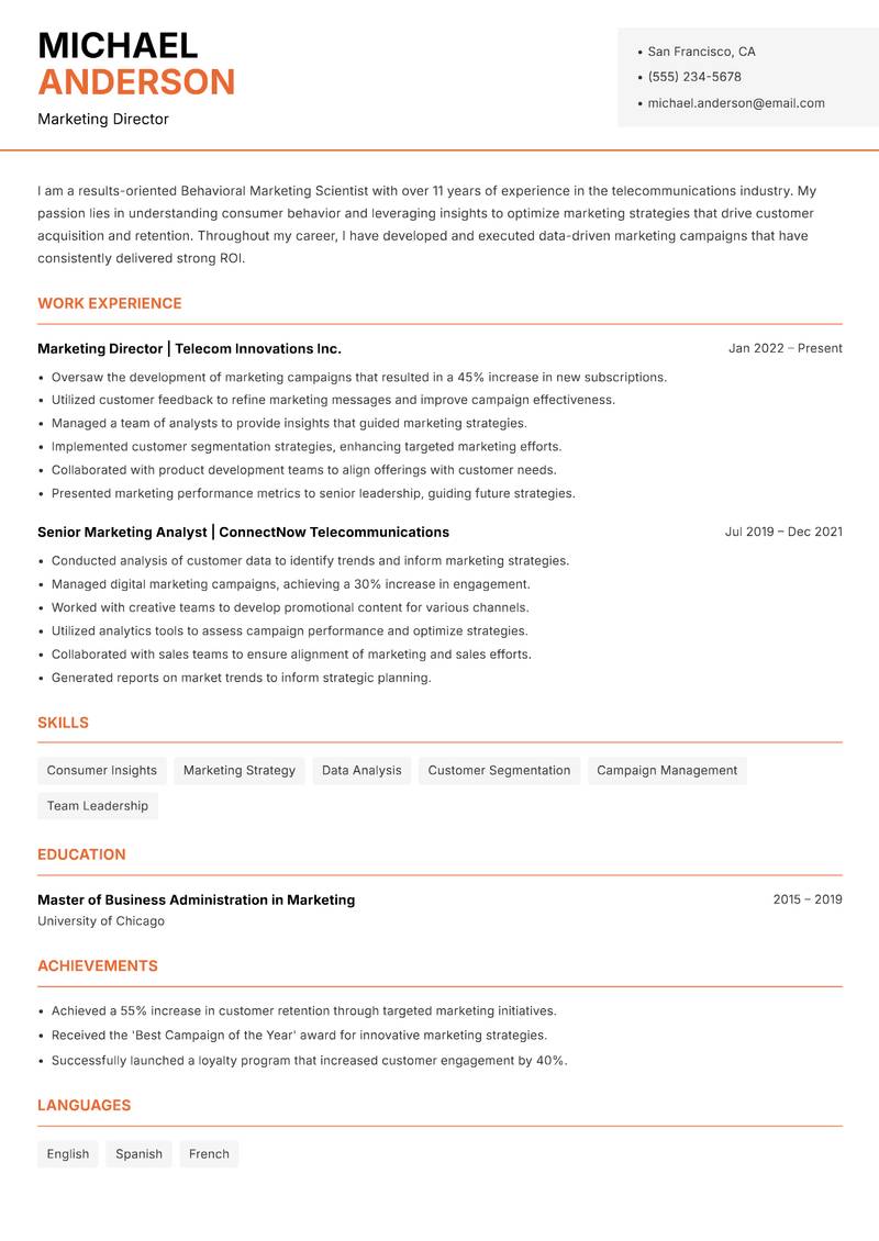 Behavioral Marketing Scientist resume sample — Marketing Director focus