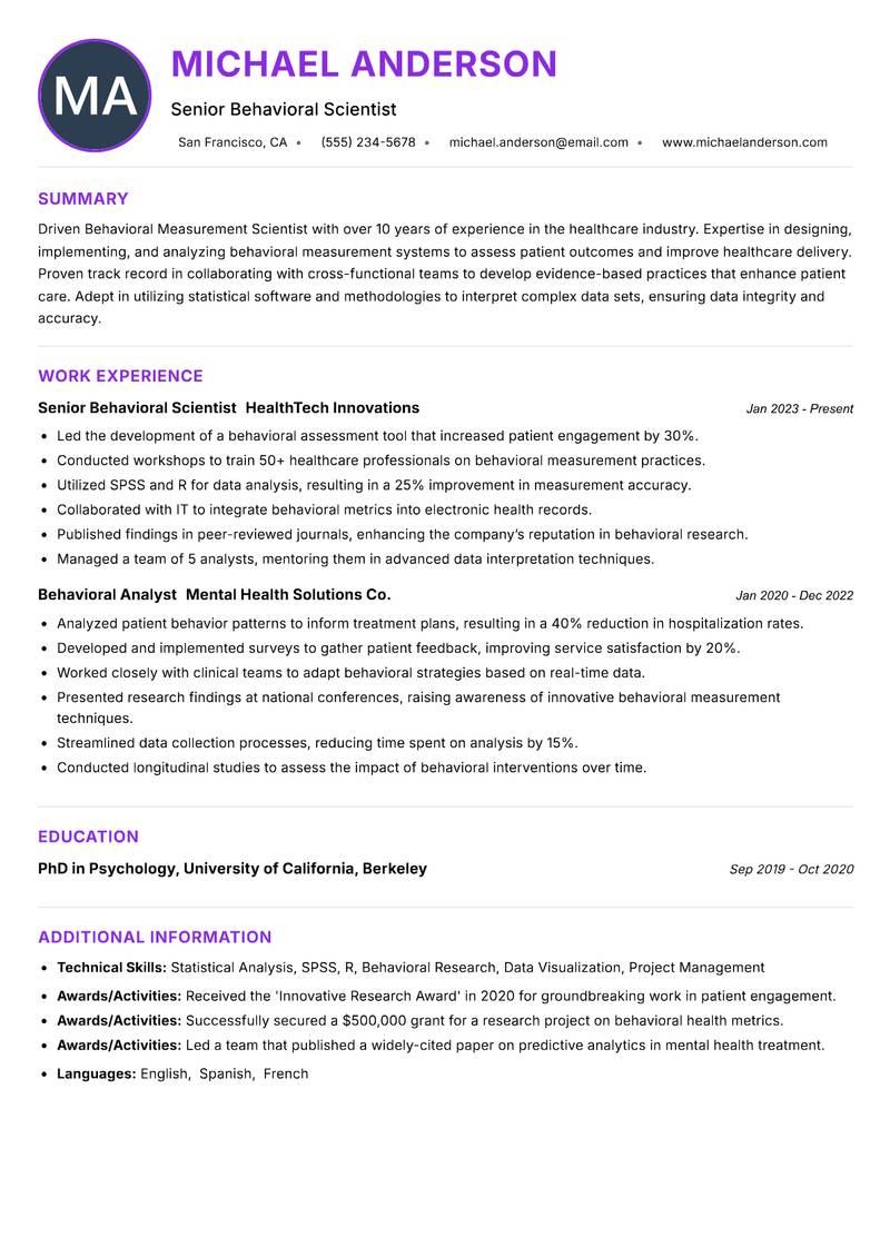 Behavioral Measurement Scientist resume example