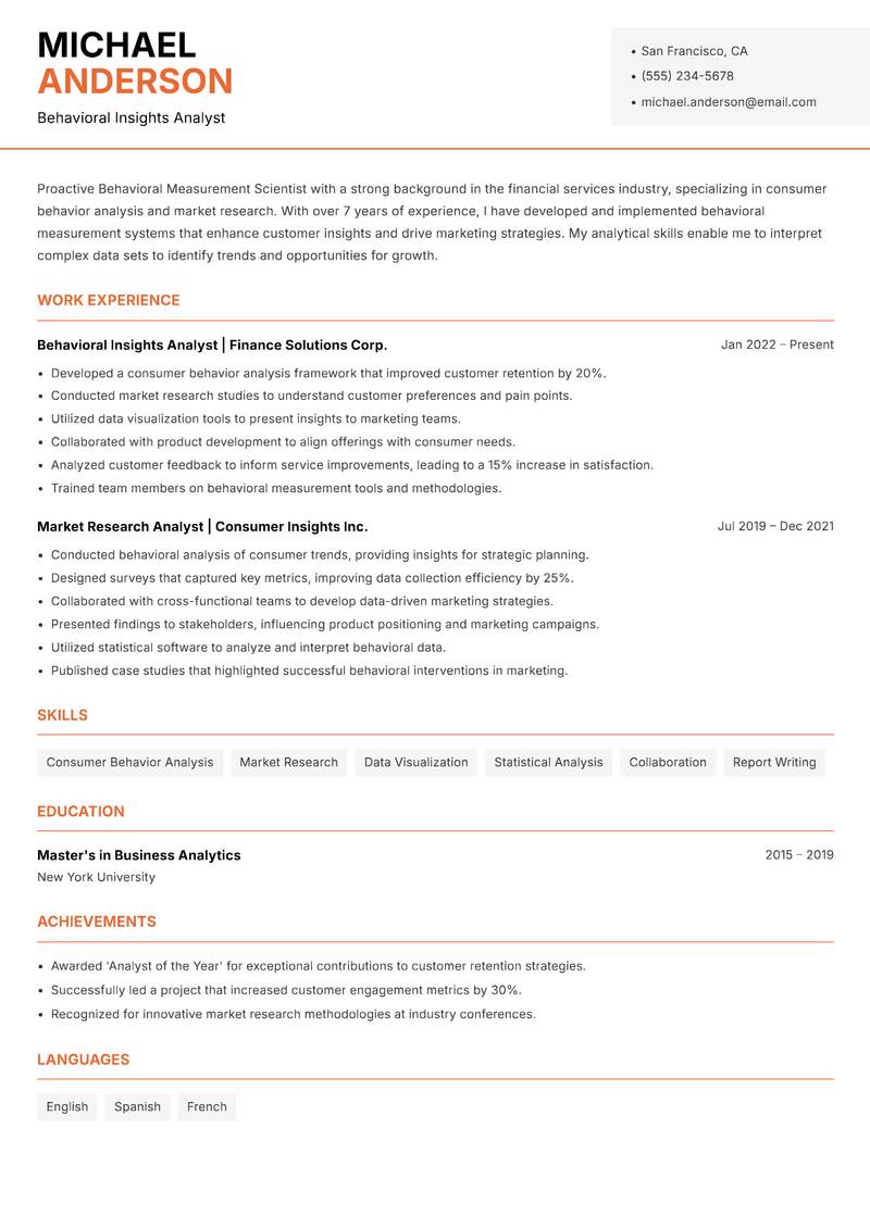 Behavioral Measurement Scientist resume sample — Behavioral Insights Analyst focus