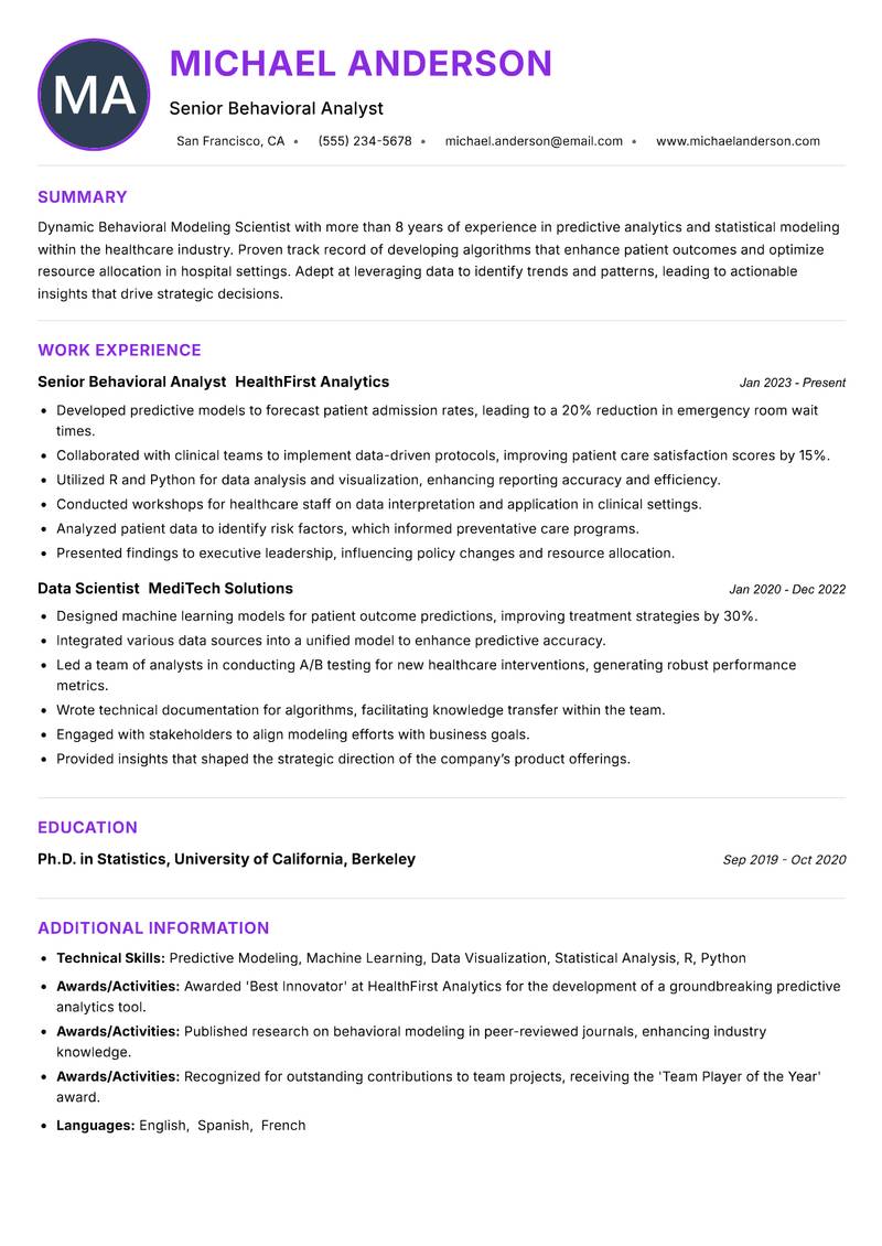 Behavioral Modeling Scientist resume example