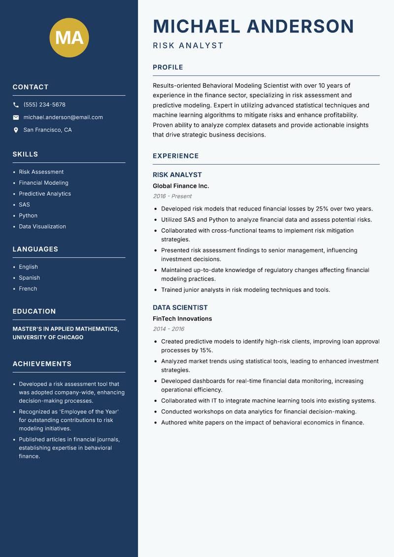 Behavioral Modeling Scientist resume sample — Risk Analyst focus