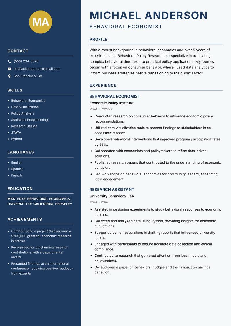 Behavioral Policy Researcher resume sample — Behavioral Economist focus