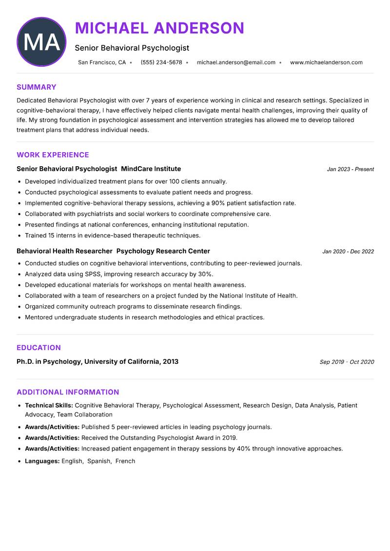 Behavioral Psychologist resume example