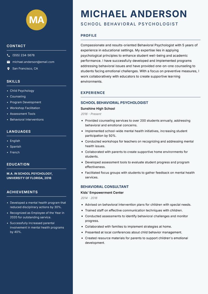 Behavioral Psychologist resume sample — School Behavioral Psychologist focus