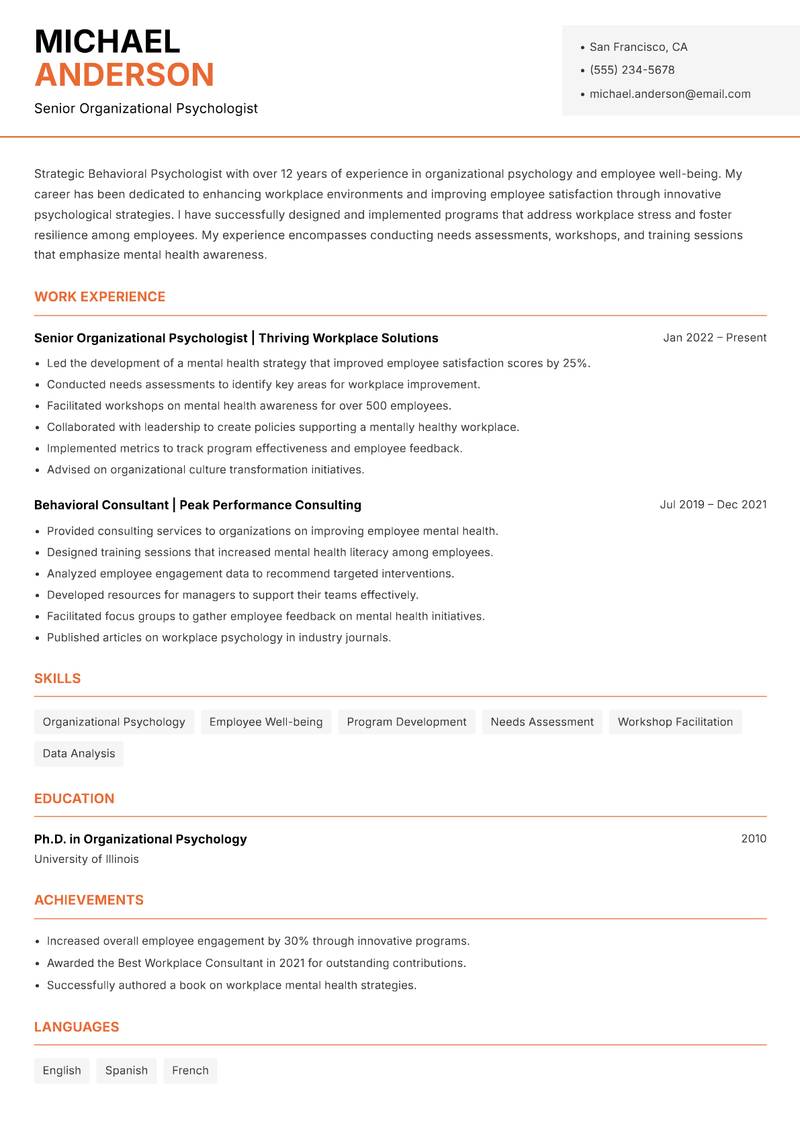 Behavioral Psychologist resume sample — Senior Organizational Psychologist focus