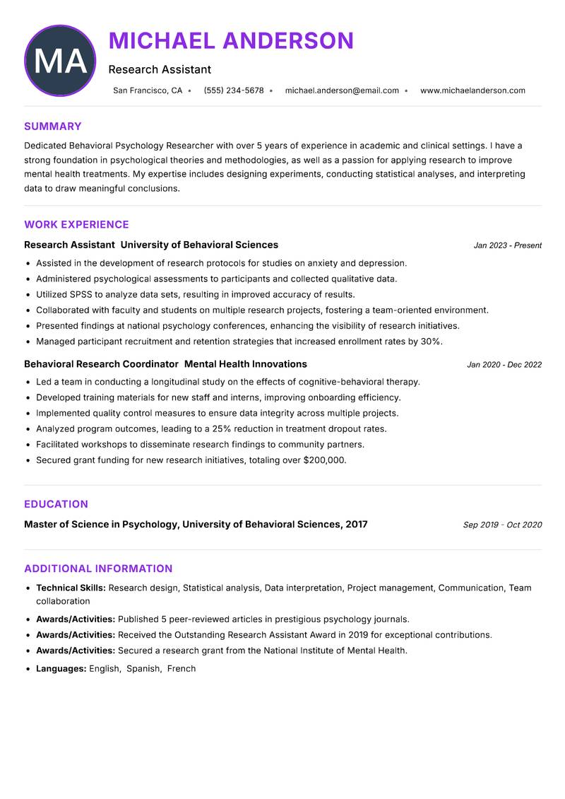 Behavioral Psychology Researcher resume example