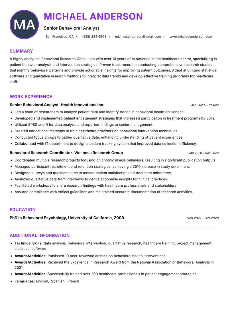 Behavioral Research Consultant resume example