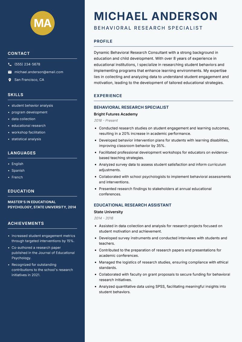 Behavioral Research Consultant resume sample — Behavioral Research Specialist focus