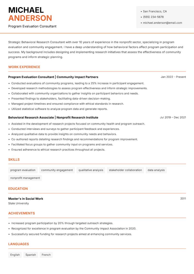 Behavioral Research Consultant resume sample — Program Evaluation Consultant focus
