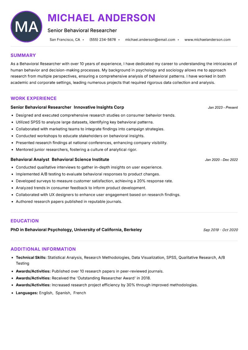 Behavioral Researcher resume example