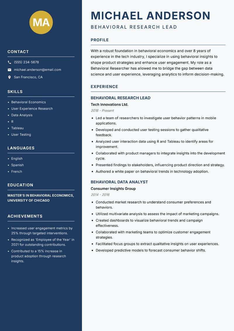 Behavioral Researcher resume sample — Behavioral Research Lead focus