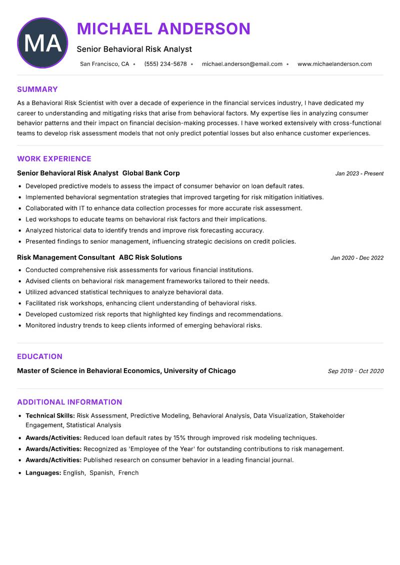 Behavioral Risk Scientist resume example