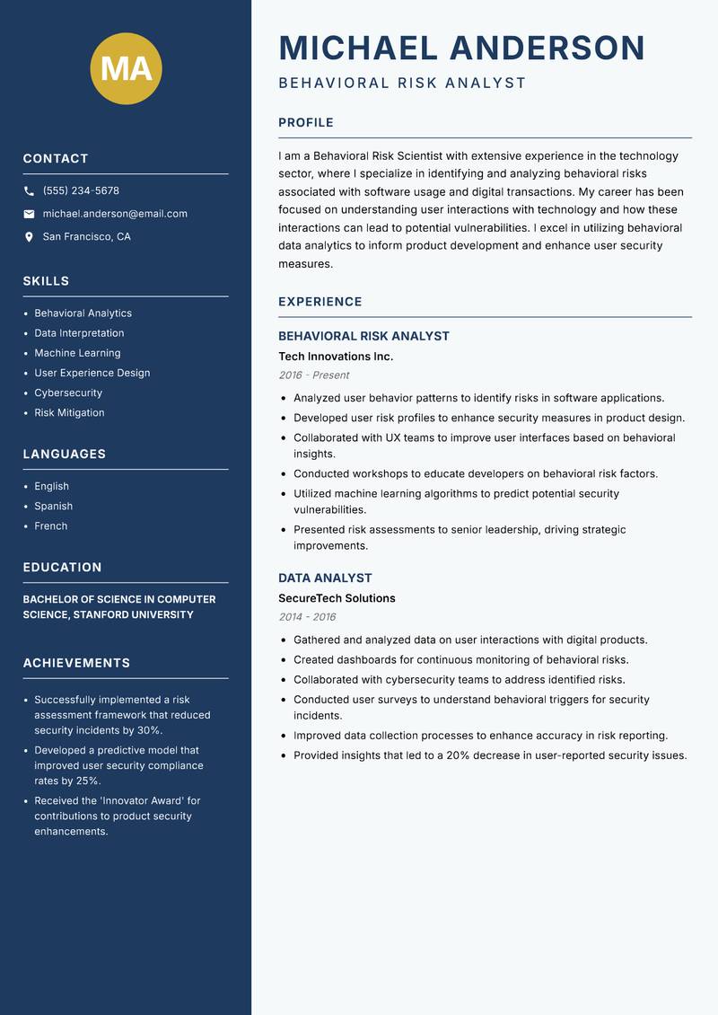Behavioral Risk Scientist resume sample — Behavioral Risk Analyst focus