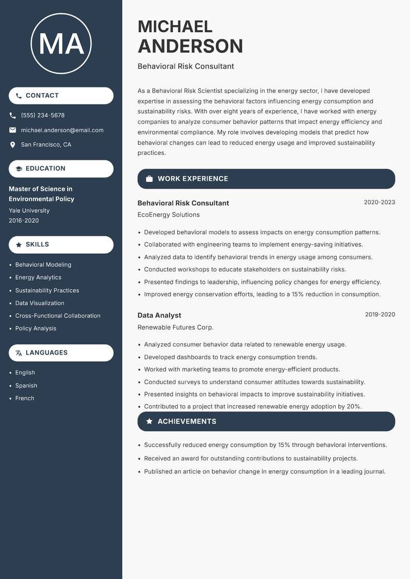 Behavioral Risk Scientist resume sample — Behavioral Risk Consultant focus