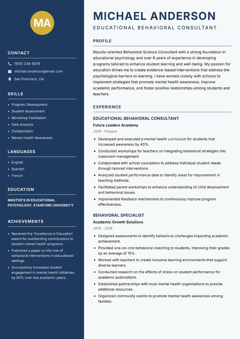 Behavioral Science Consultant resume sample — Educational Behavioral Consultant focus