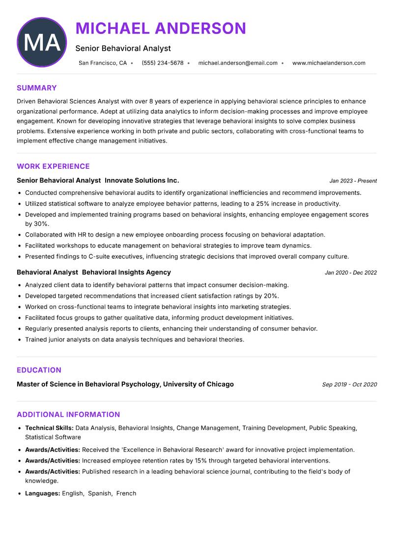 Behavioral Sciences Analyst resume example
