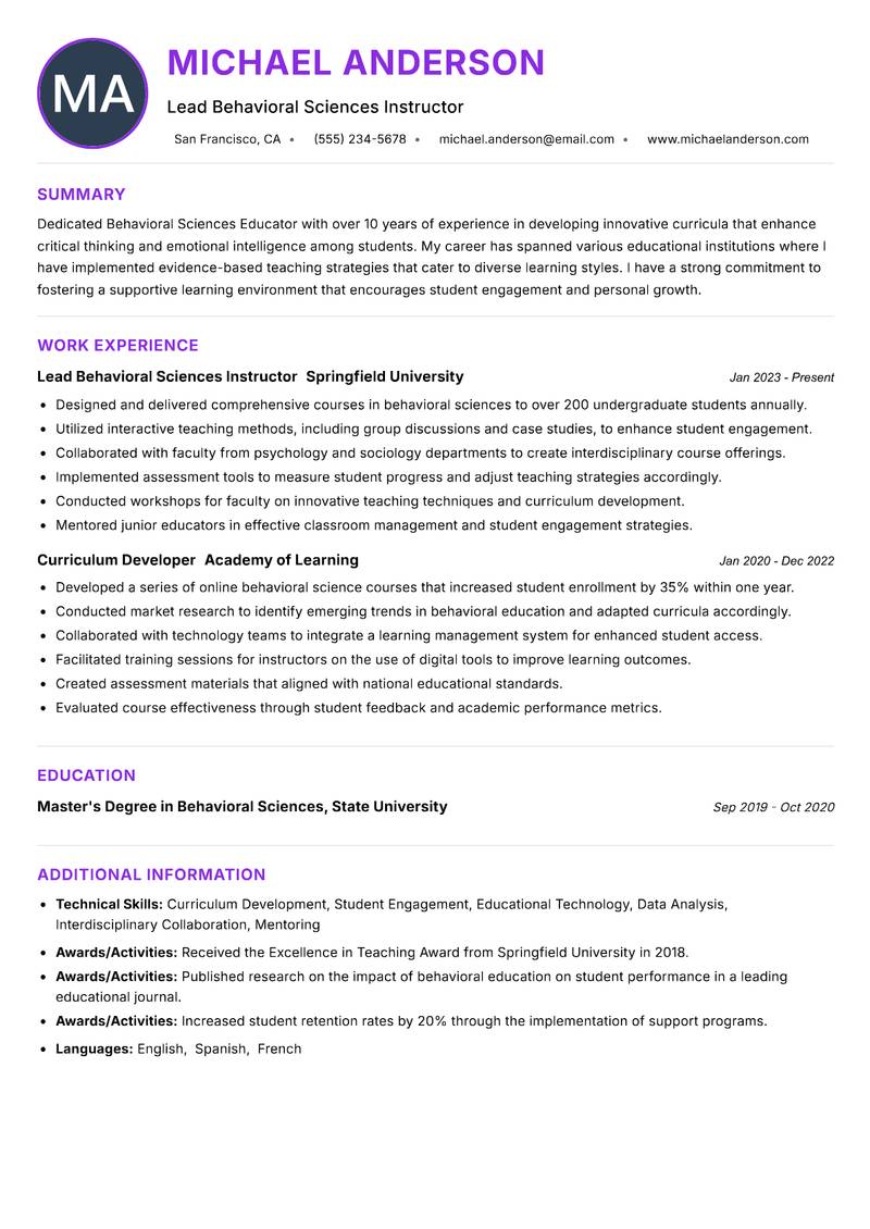 Behavioral Sciences Educator resume example