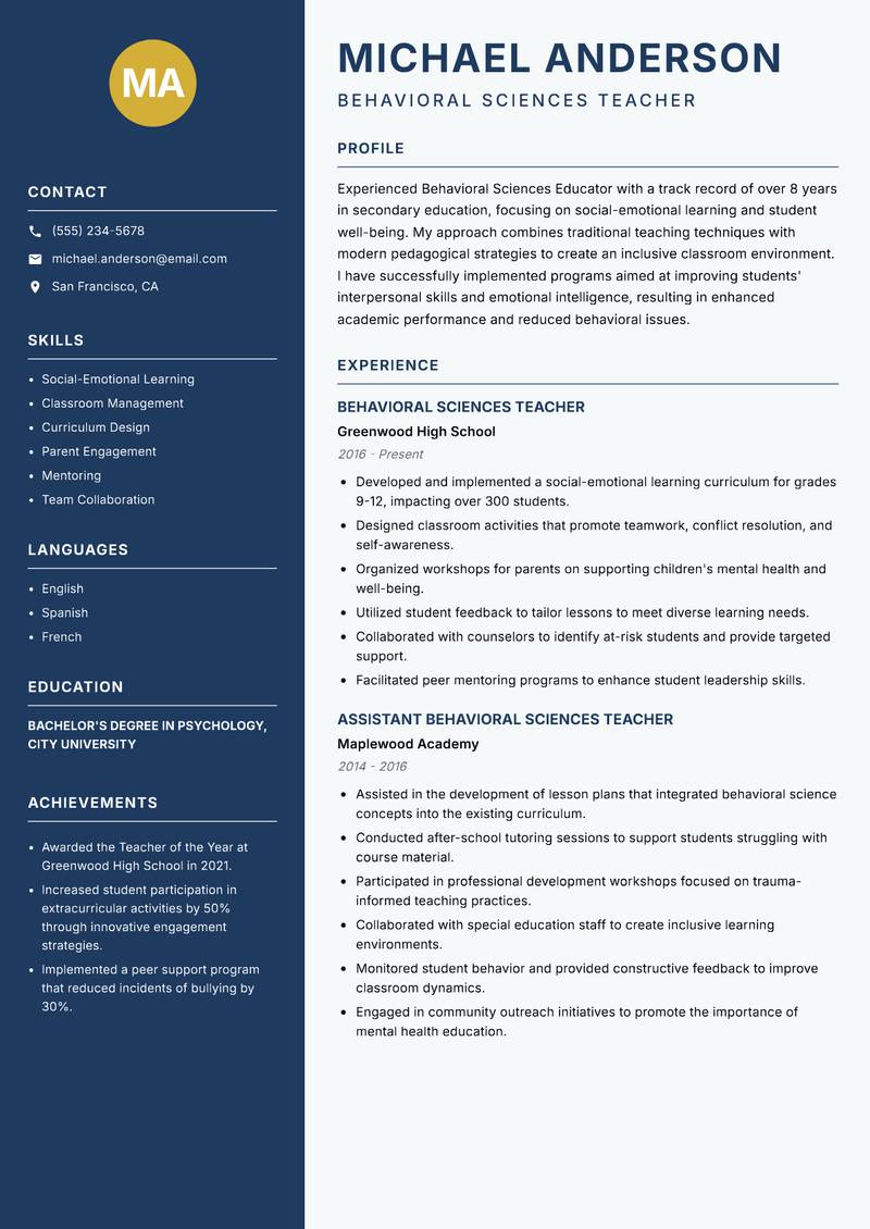 Behavioral Sciences Educator resume sample — Behavioral Sciences Teacher focus