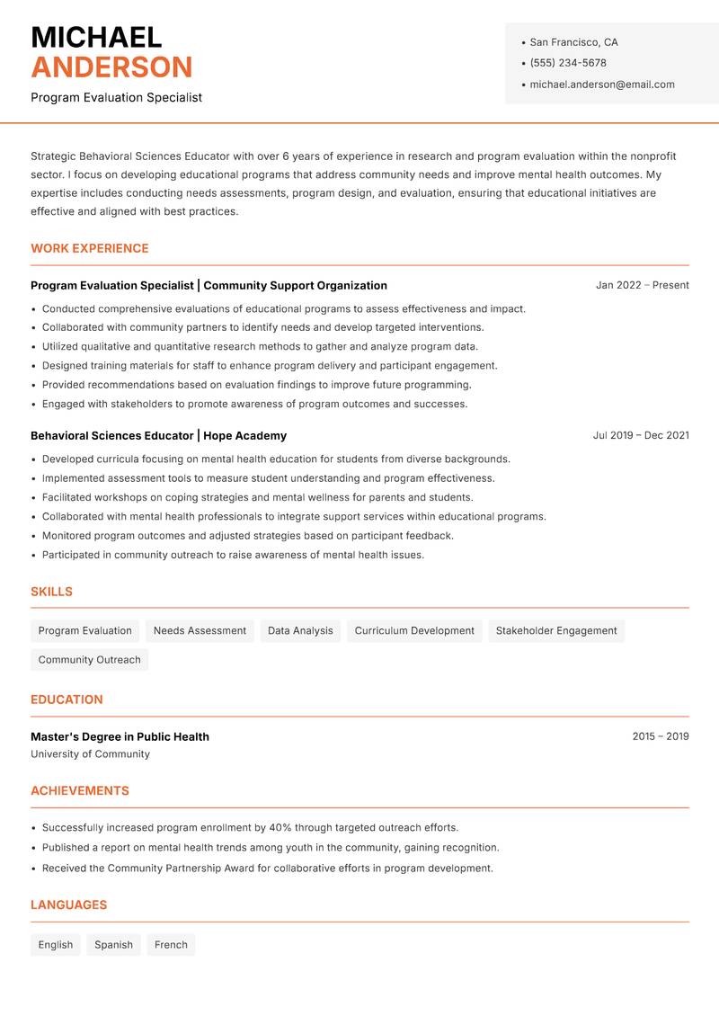 Behavioral Sciences Educator resume sample — Program Evaluation Specialist focus