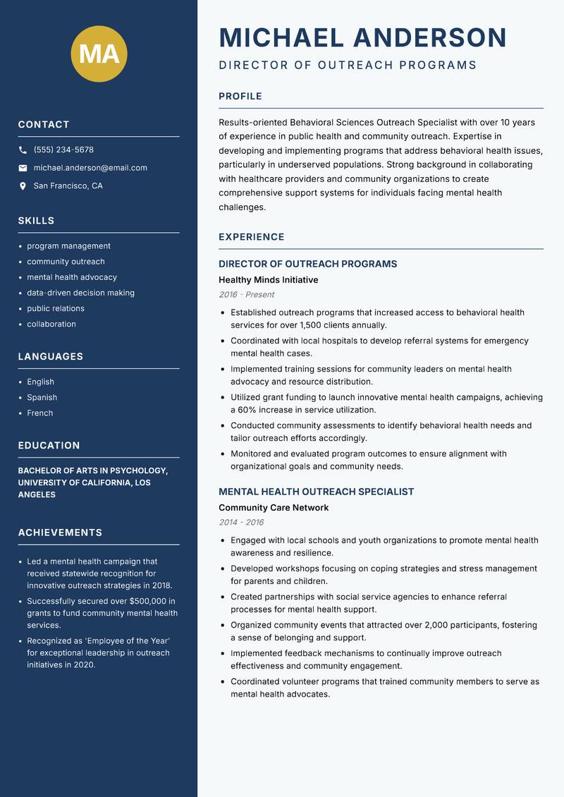 Behavioral Sciences Outreach Specialist resume sample — Director of Outreach Programs focus