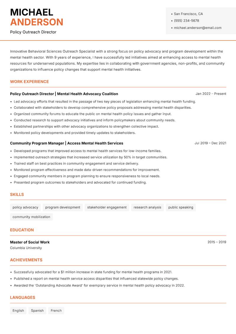Behavioral Sciences Outreach Specialist resume sample — Policy Outreach Director focus