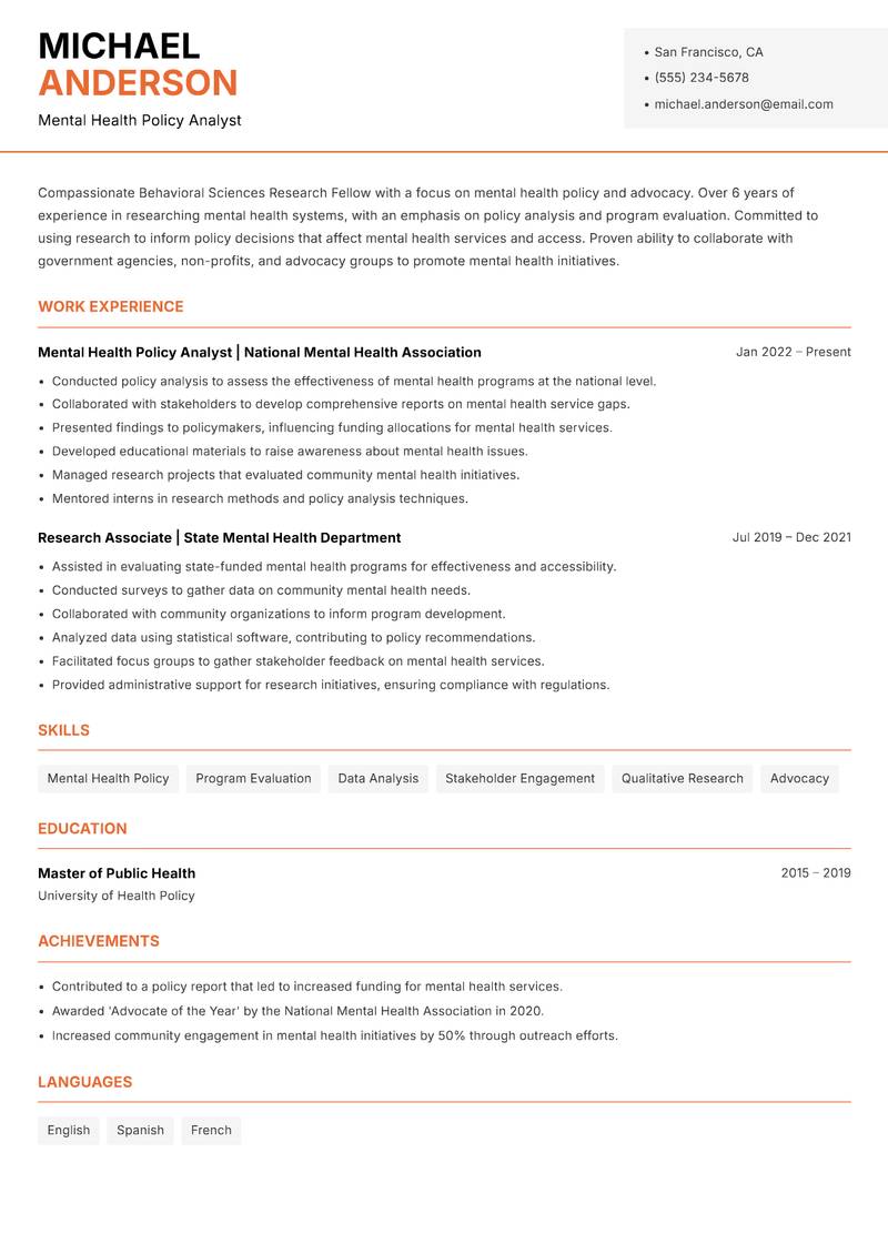 Behavioral Sciences Research Fellow resume sample — Mental Health Policy Analyst focus