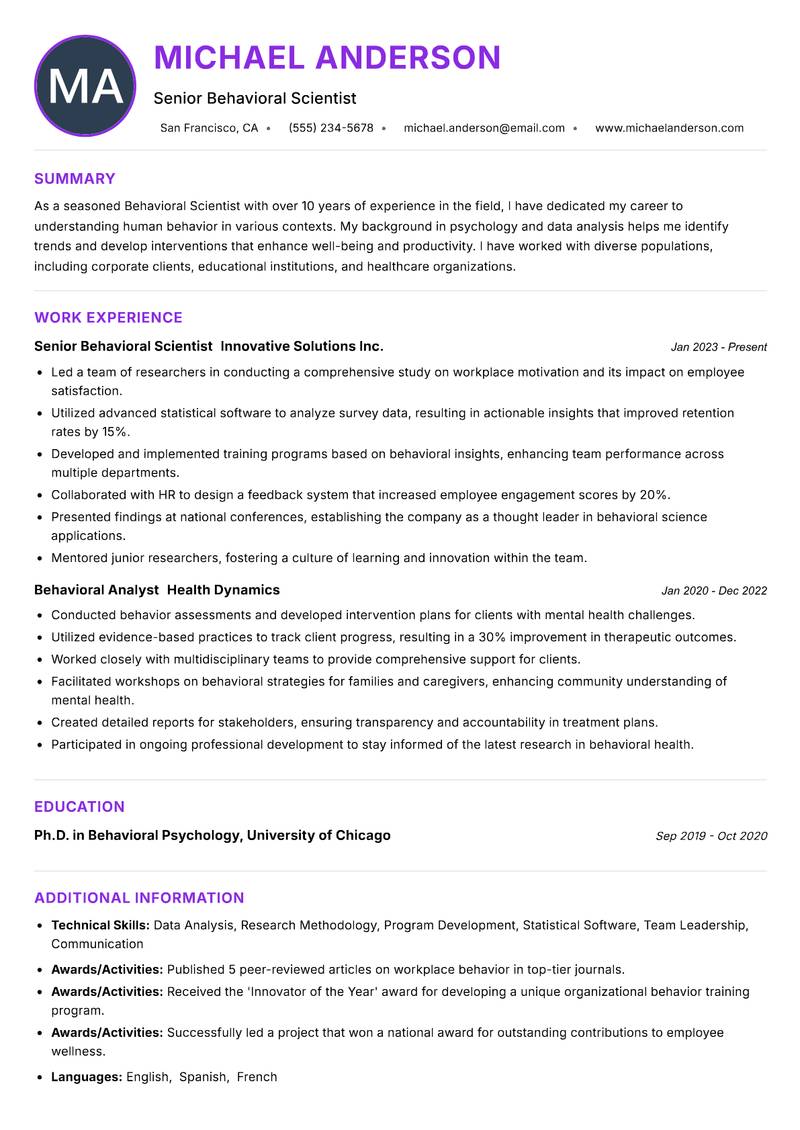 Behavioral Scientist resume example