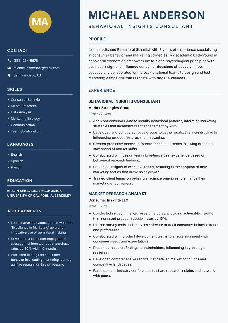 Behavioral Scientist resume sample — Behavioral Insights Consultant focus