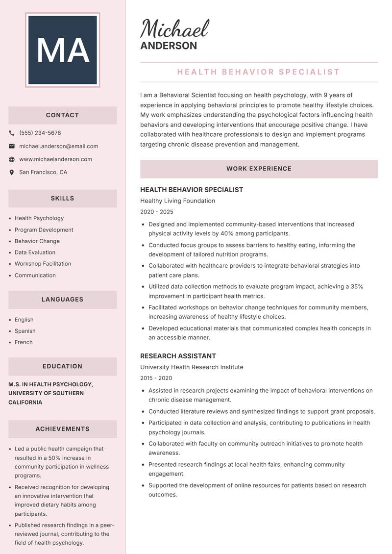 Behavioral Scientist resume sample — Health Behavior Specialist focus