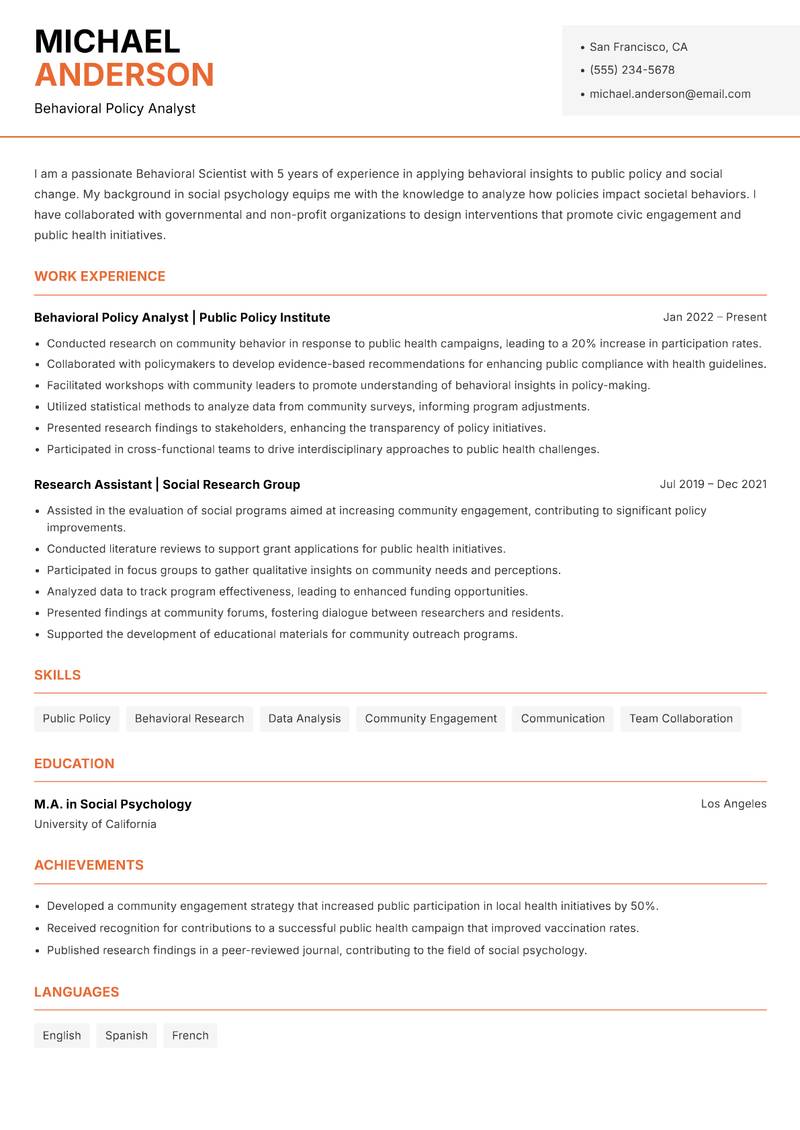 Behavioral Scientist resume sample — Behavioral Policy Analyst focus