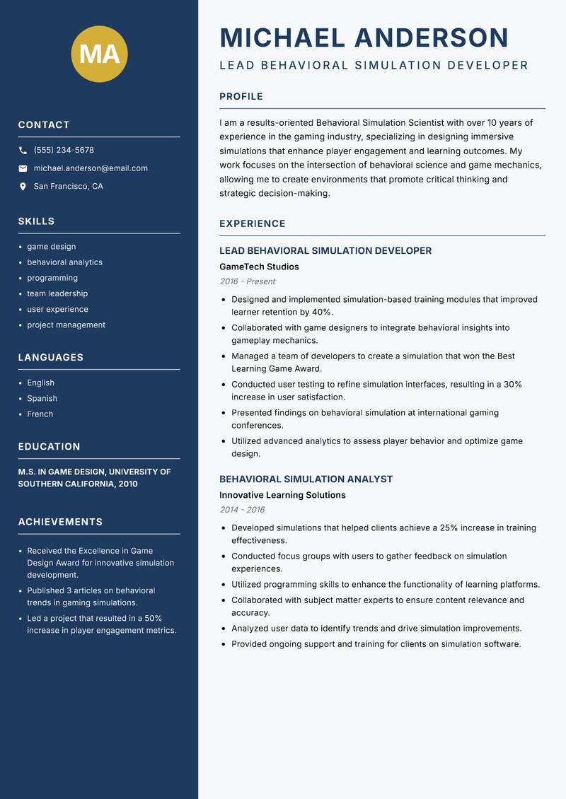 Behavioral Simulation Scientist resume sample — Lead Behavioral Simulation Developer focus