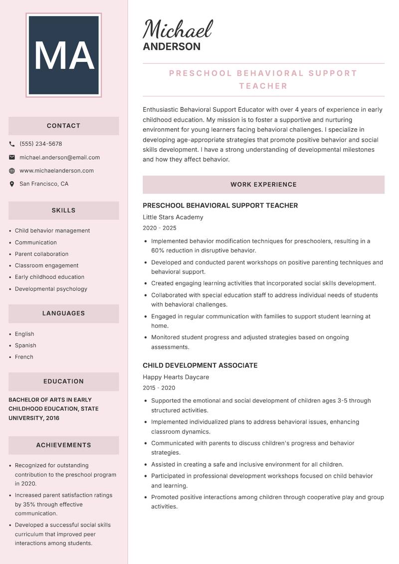 Behavioral Support Educator resume sample — Preschool Behavioral Support Teacher focus