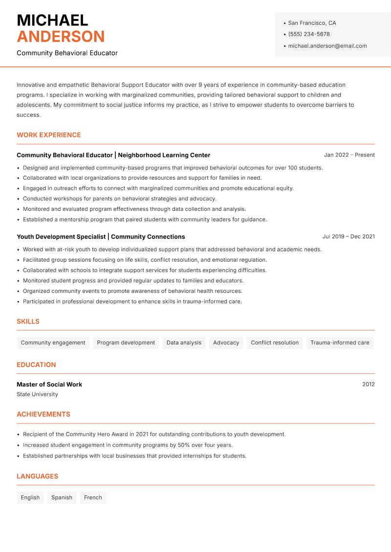 Behavioral Support Educator resume sample — Community Behavioral Educator focus