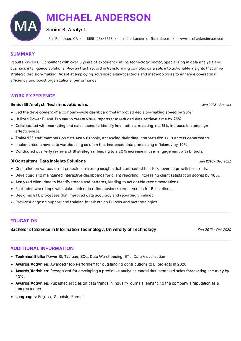 BI Consultant resume example
