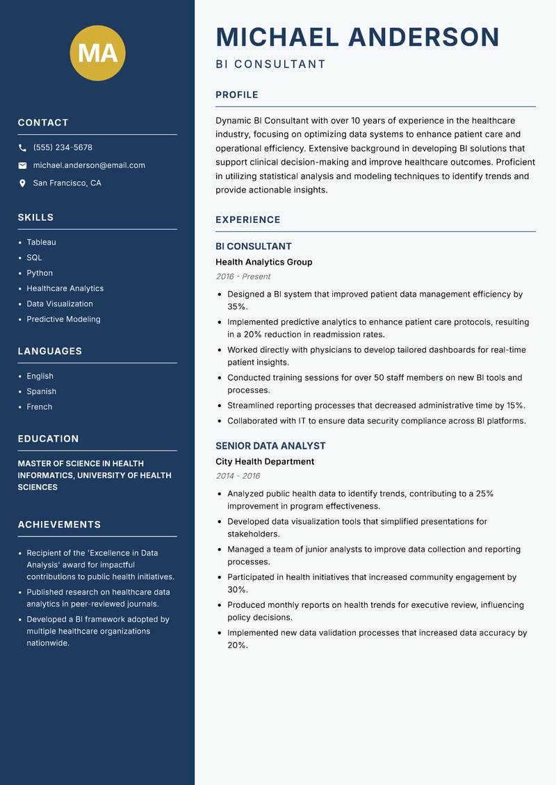 BI Consultant resume sample — BI Consultant focus