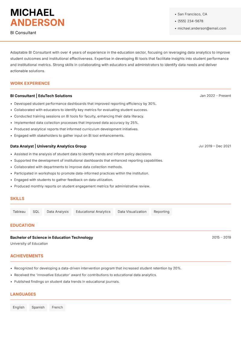 BI Consultant resume sample — BI Consultant focus