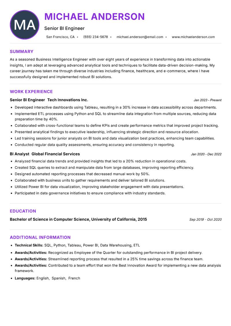 BI Engineer resume example