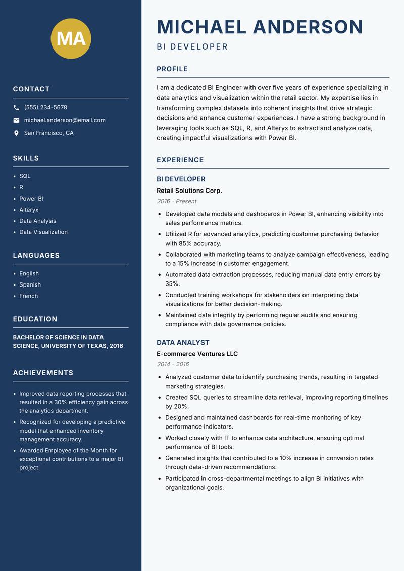 BI Engineer resume sample — BI Developer focus