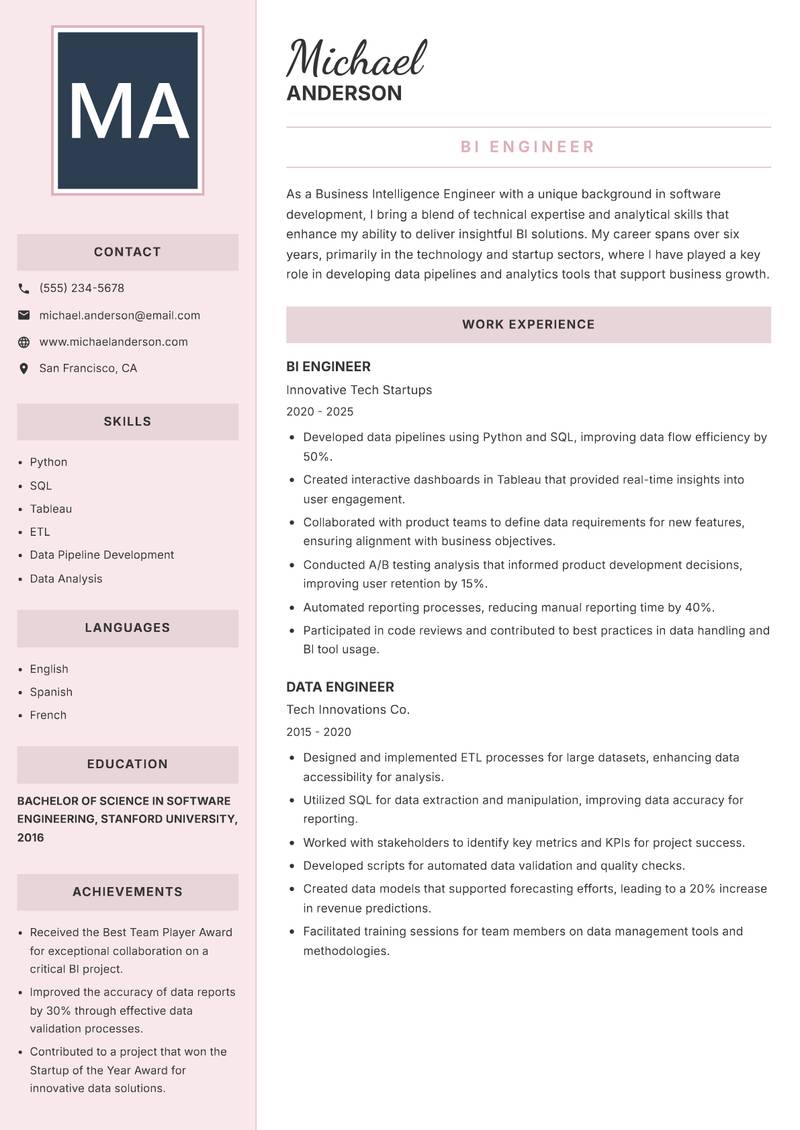 BI Engineer resume sample — BI Engineer focus