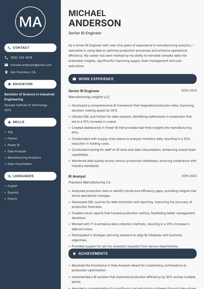 BI Engineer resume sample — Senior BI Engineer focus