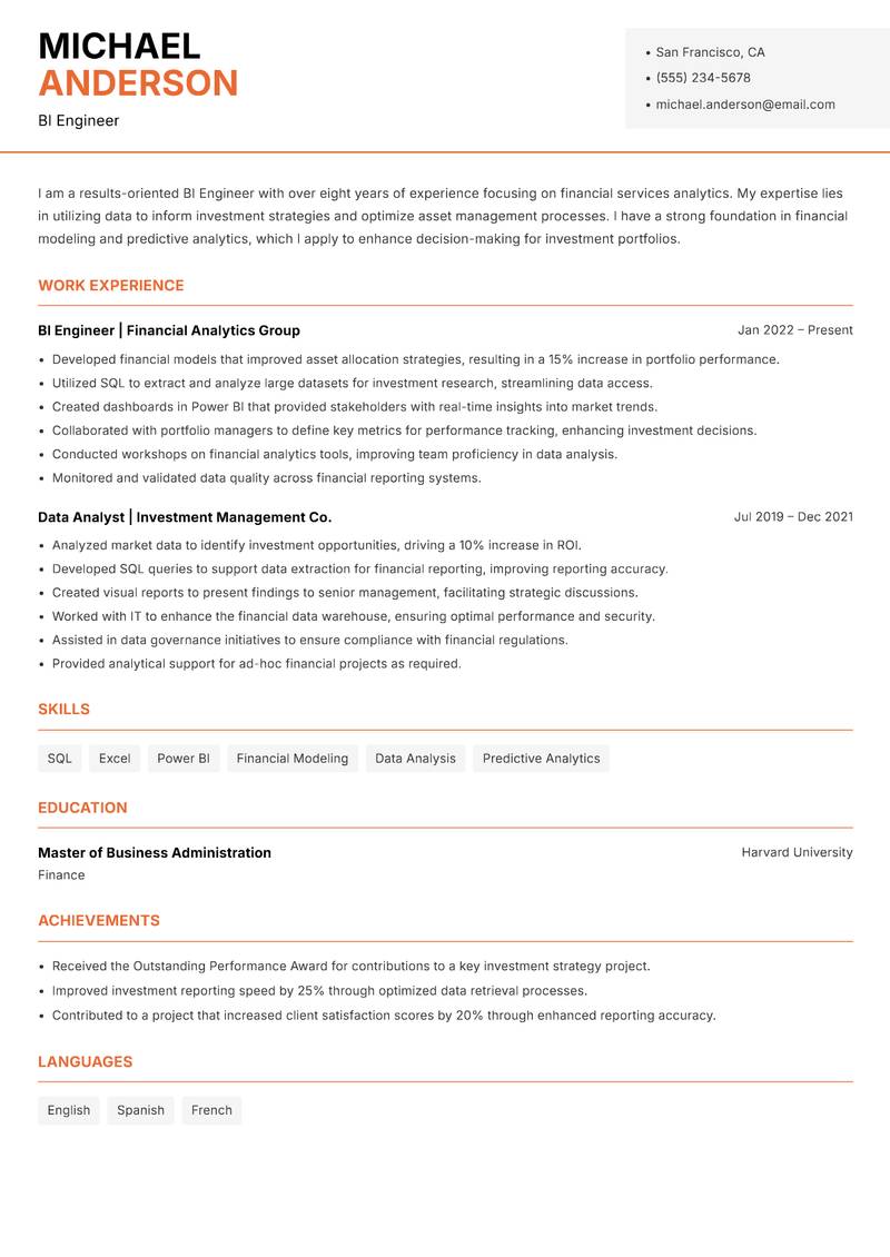 BI Engineer resume sample — BI Engineer focus