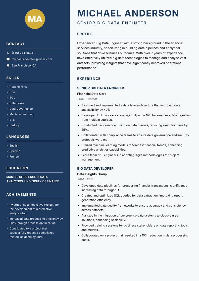 Big Data Engineer resume sample — Senior Big Data Engineer focus