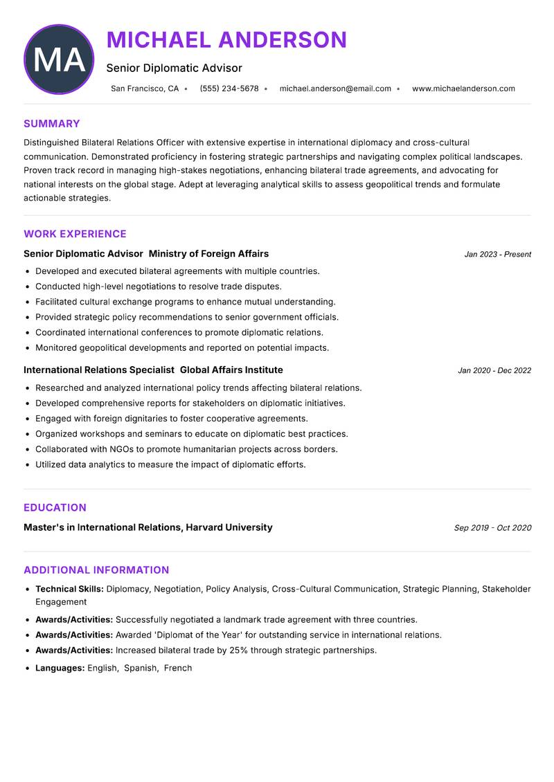 Bilateral Relations Officer resume example