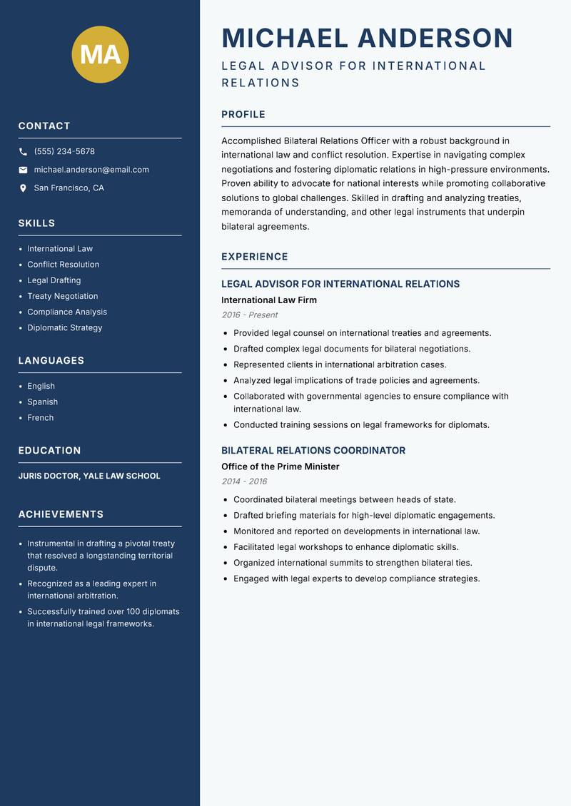 Bilateral Relations Officer resume sample — Legal Advisor for International Relations focus