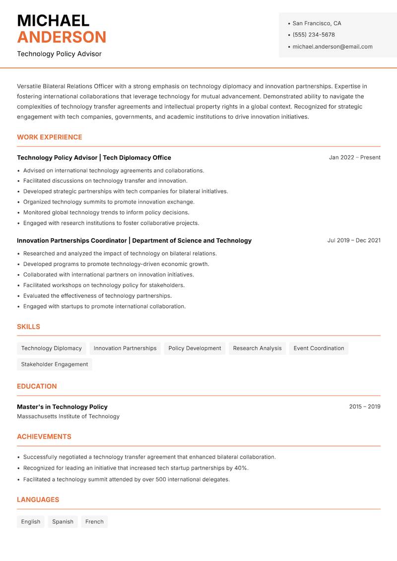 Bilateral Relations Officer resume sample — Technology Policy Advisor focus
