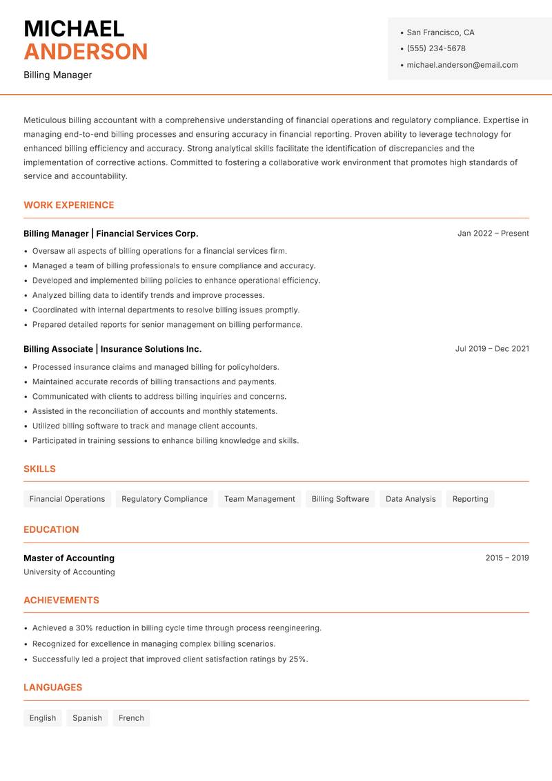 Billing Accountant resume sample — Billing Manager focus