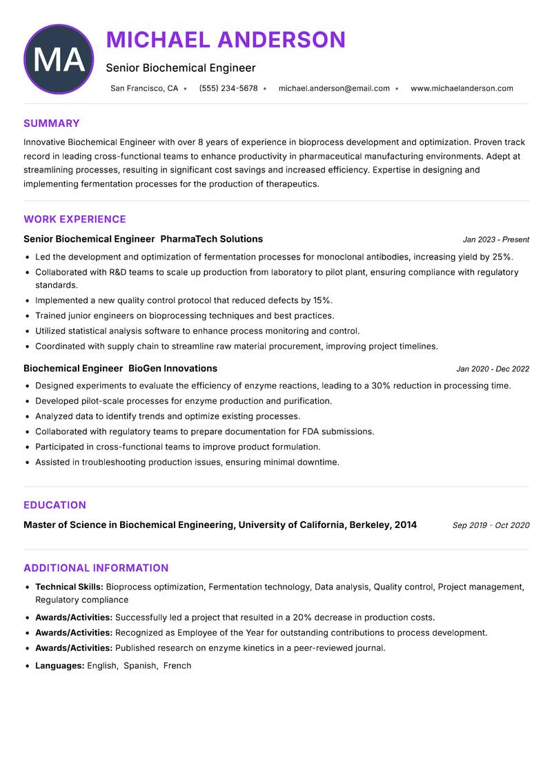 Biochemical Engineer resume example — Chemical Engineering