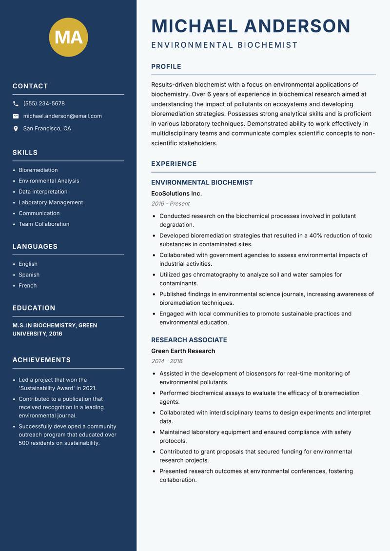 Biochemist resume sample — Environmental Biochemist focus
