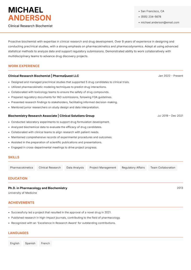 Biochemist resume sample — Clinical Research Biochemist focus