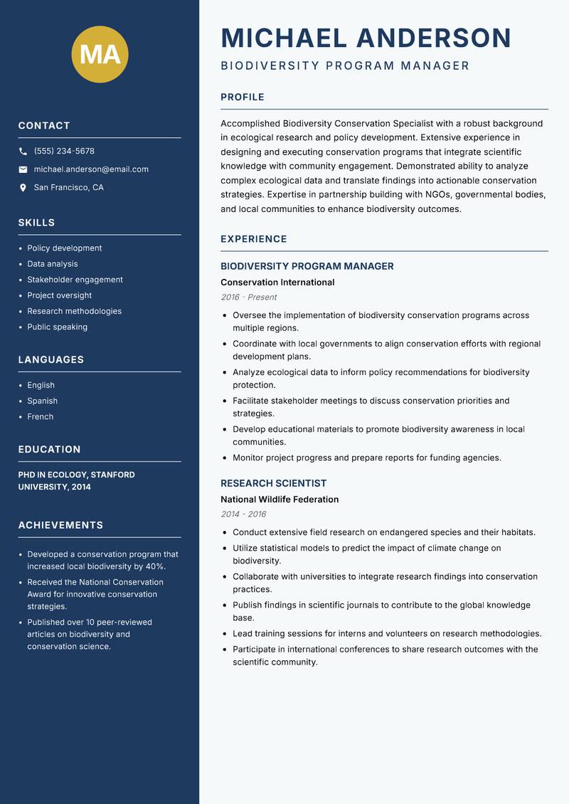 Biodiversity Conservation Specialist resume sample — Biodiversity Program Manager focus